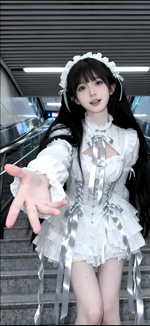 洛丽塔美女手机壁纸｜楼梯背景图片 - 白色洛丽塔「哲风壁纸」