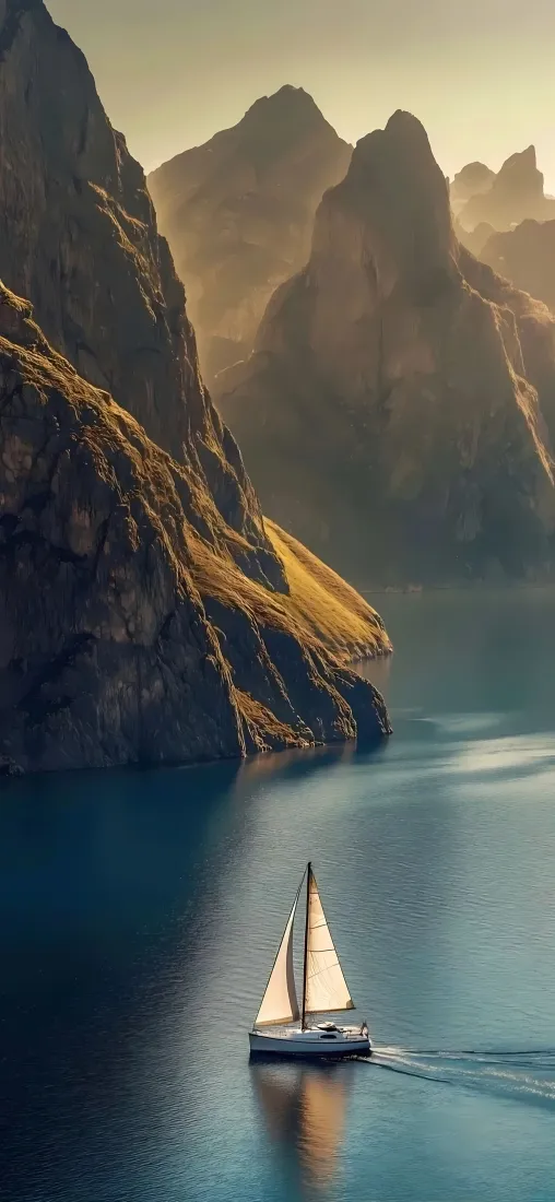 自然风景手机壁纸｜帆船湖水背景图片 - 峡湾山脉「哲风壁纸」