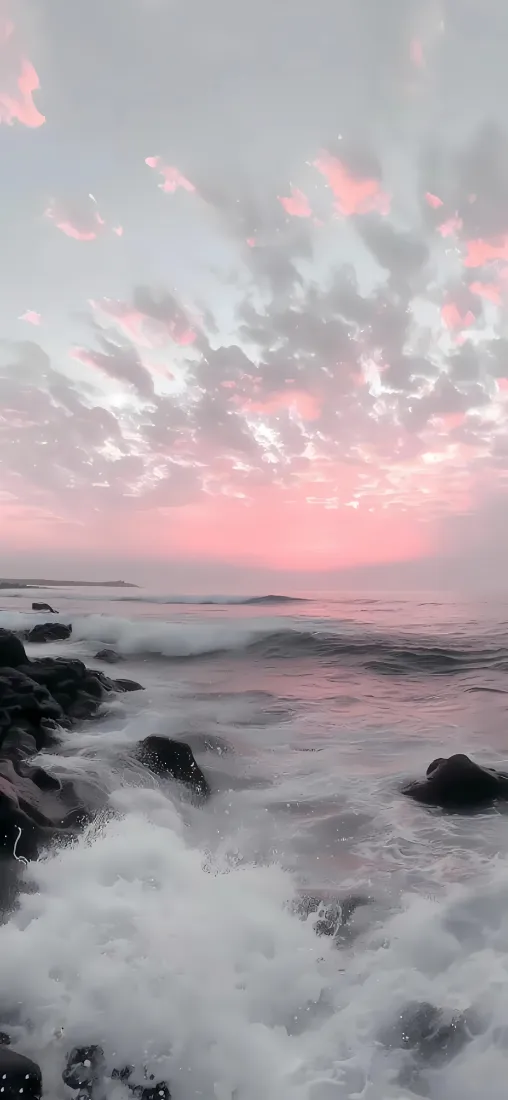 自然风景手机壁纸｜海水礁石背景 - 粉色云霞「哲风壁纸」
