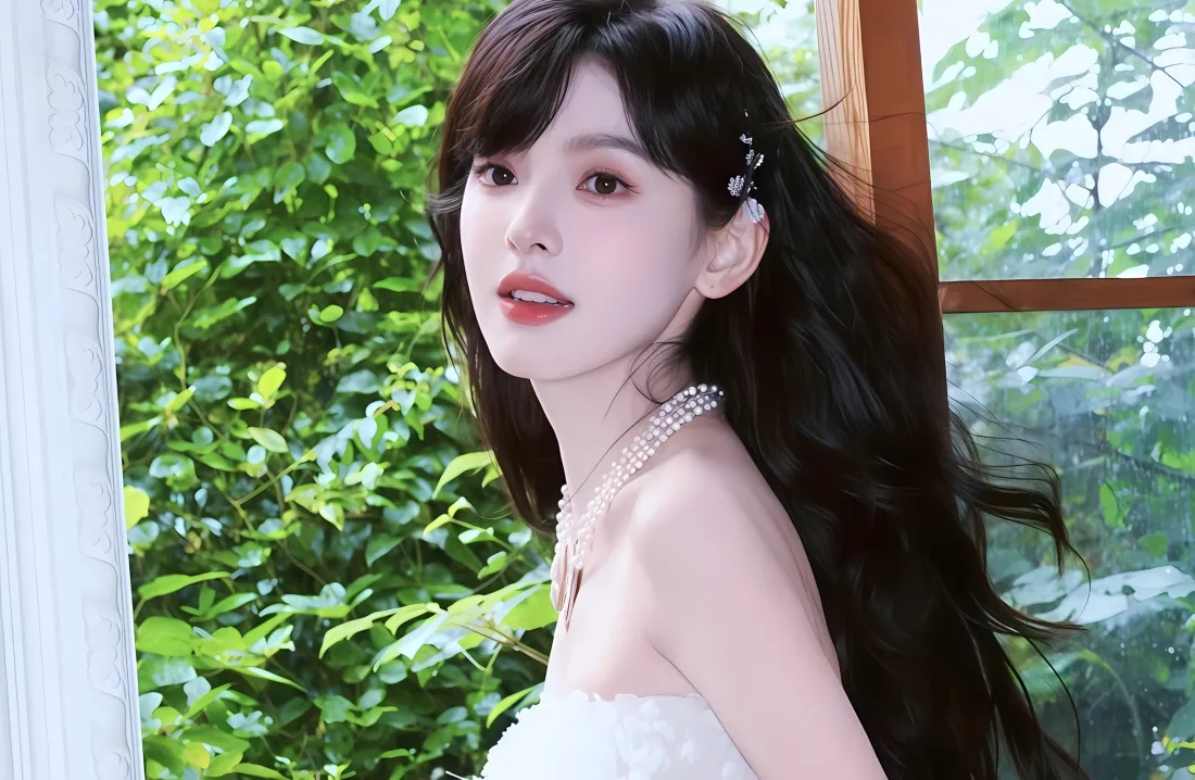 2k章若楠壁纸｜绿植背景图片 - 白衣侧颜「哲风壁纸」