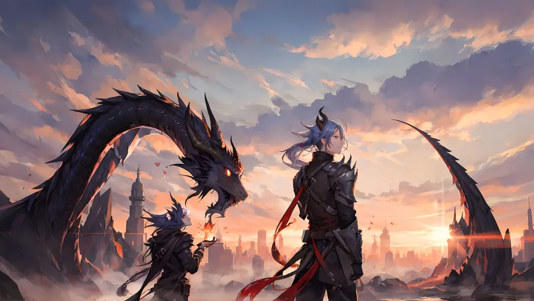 4k动漫人物巨龙壁纸｜黄昏城堡背景 - 战斗「哲风壁纸」