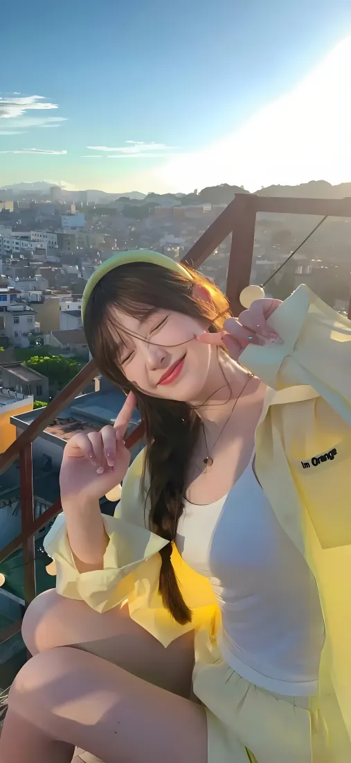 黄衣美女手机壁纸｜天台蓝天背景 - 城市景观「哲风壁纸」