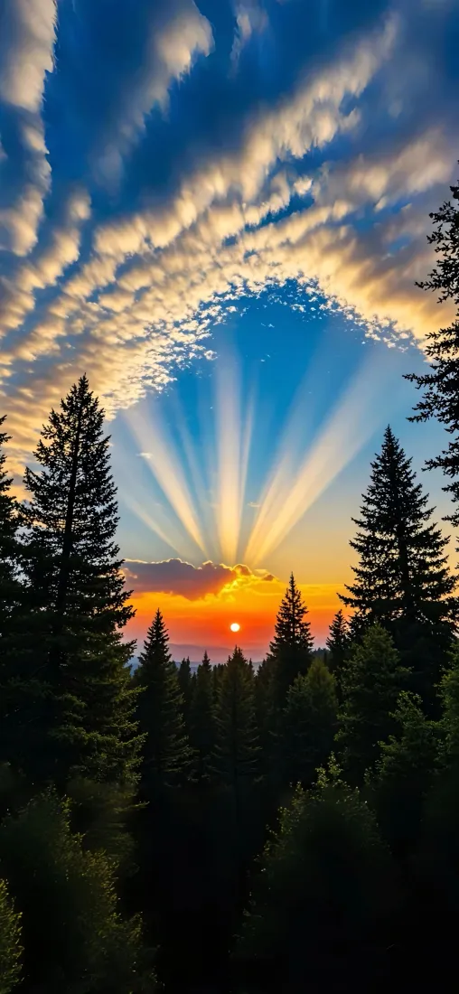 夕阳树林手机壁纸｜黄昏云朵背景 - 阳光松树「哲风壁纸」