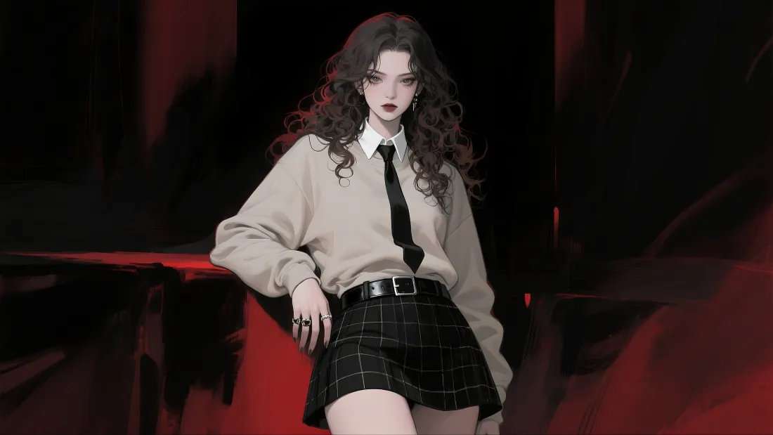 4k动漫美女壁纸｜红黑背景 - 学院风穿搭「哲风壁纸」