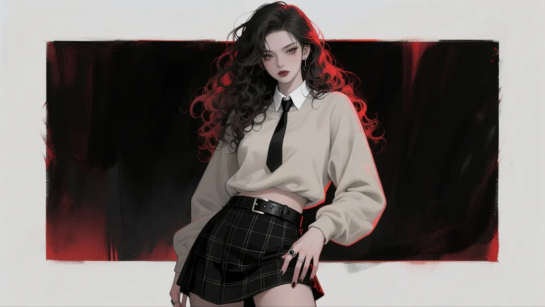 4k卷发美女壁纸｜黑红背景 - 动漫「哲风壁纸」