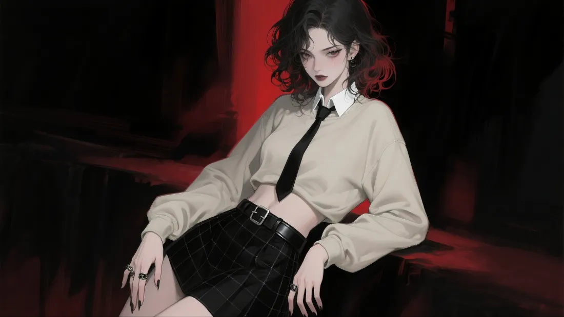 4k动漫美女壁纸｜暗黑红背景 - 短裙领带穿搭「哲风壁纸」