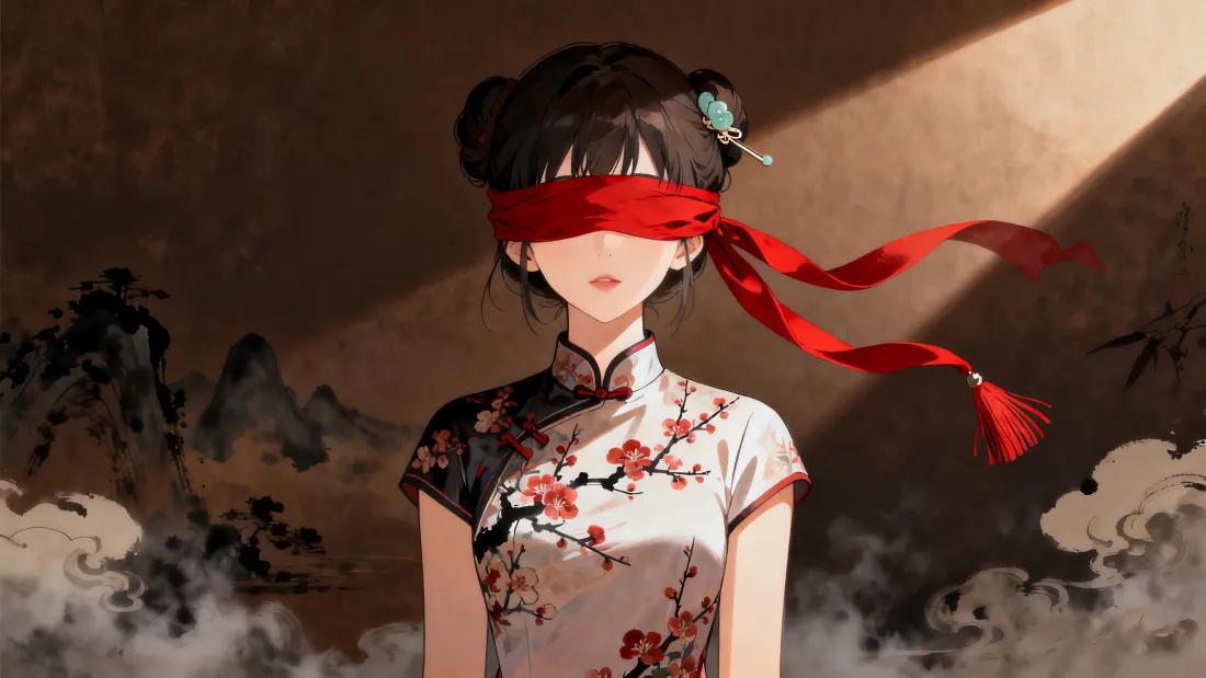 4k国风少女壁纸｜旗袍红丝带背景 - 梅花山水「哲风壁纸」