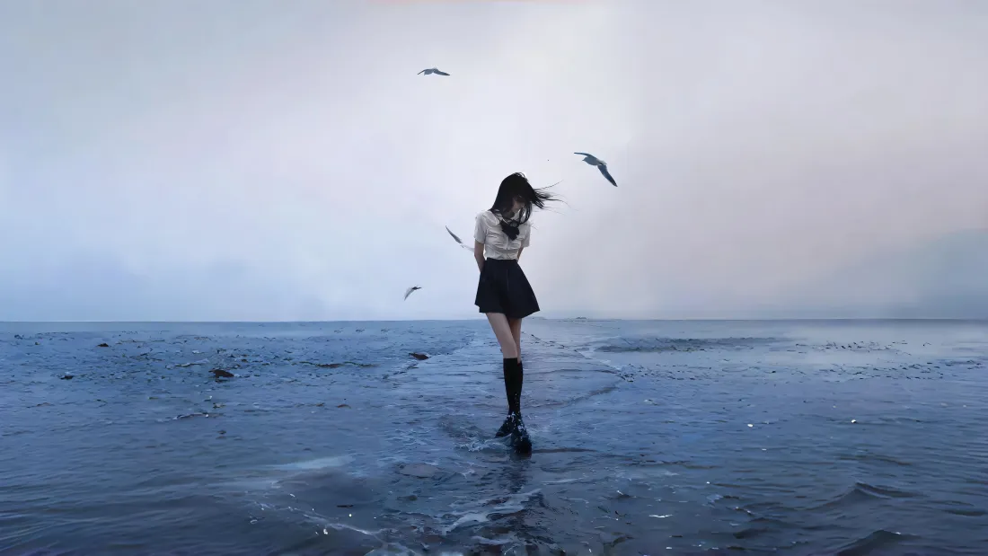 4k海边美女壁纸｜海鸥浅滩背景图片 - 背影漫步「哲风壁纸」