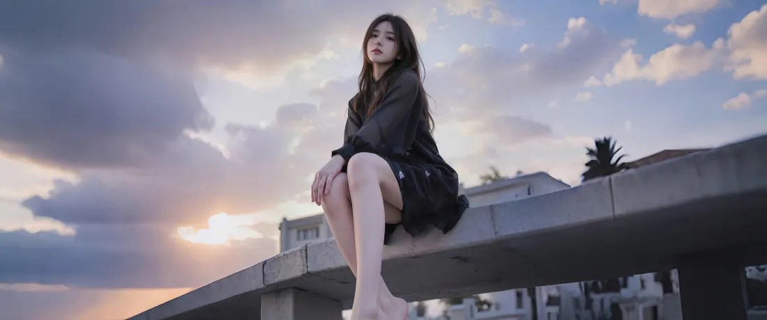 3k黑衣美女壁纸｜黄昏天空背景 - 桥梁「哲风壁纸」