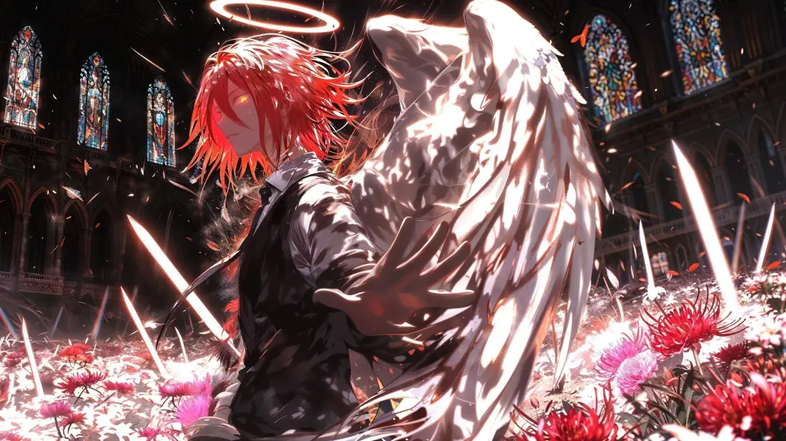 3k红发天使壁纸｜教堂背景 - 彼岸花剑「哲风壁纸」