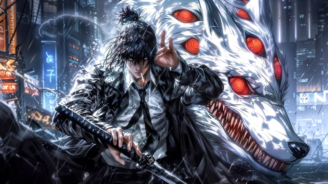 3k赛博朋克壁纸｜城市夜景 - 武士与机械狼「哲风壁纸」