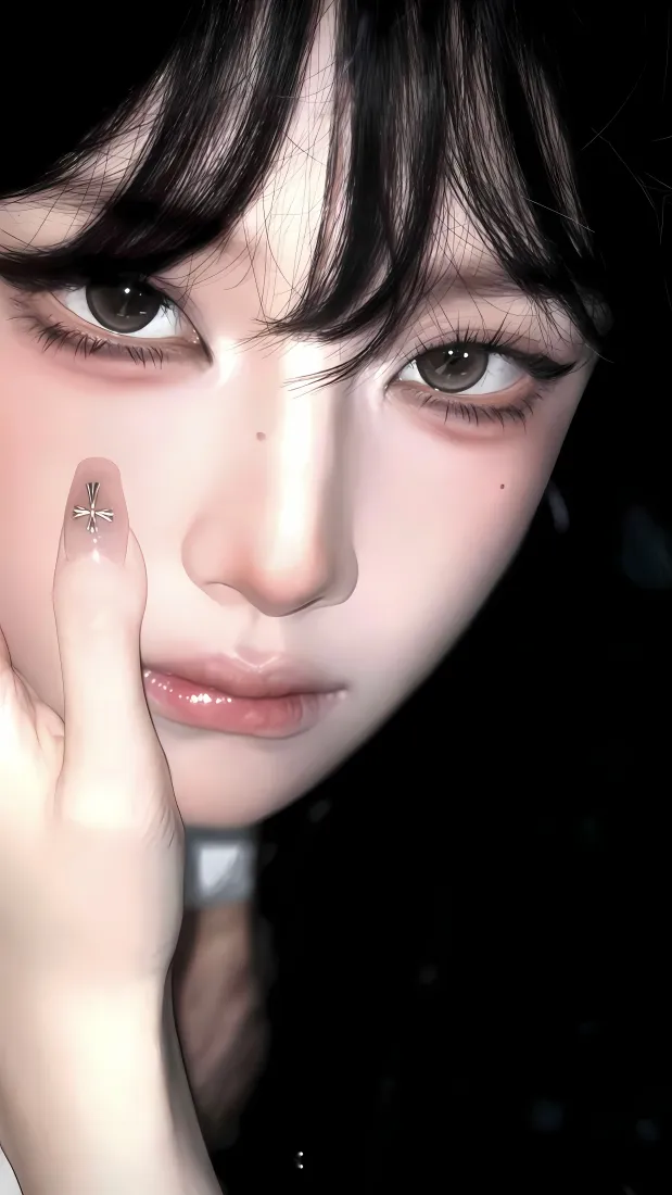 黑长直美女自拍手机壁纸｜暗黑背景图片 - 妆容特写「哲风壁纸」