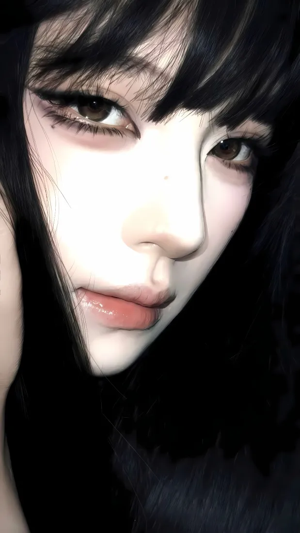 黑长直美女手机壁纸｜暗色背景图片 - 精致妆容「哲风壁纸」