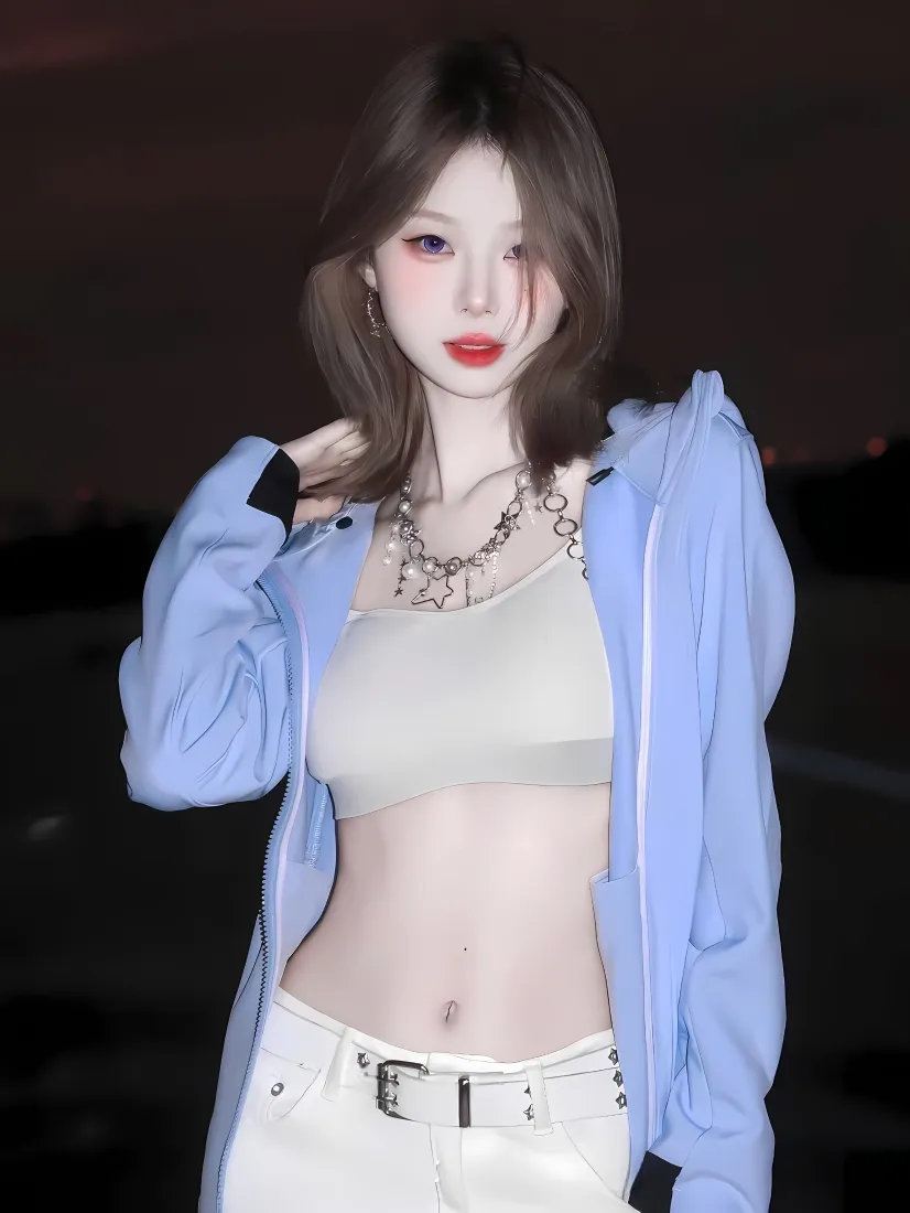 蓝衣美女手机壁纸｜夜晚 - 性感露脐装「哲风壁纸」