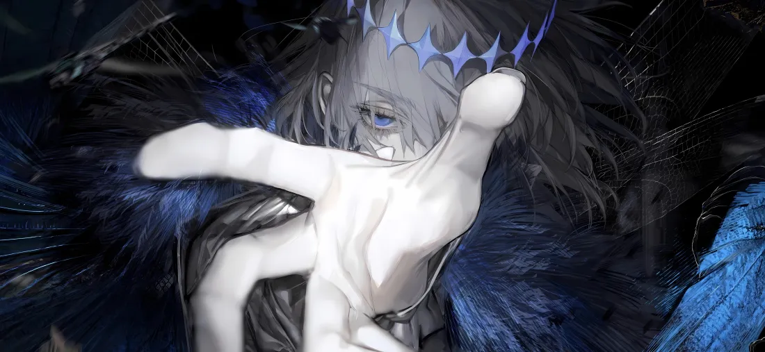 5k二次元角色壁纸｜蓝色羽毛背景 - 白色手掌「哲风壁纸」