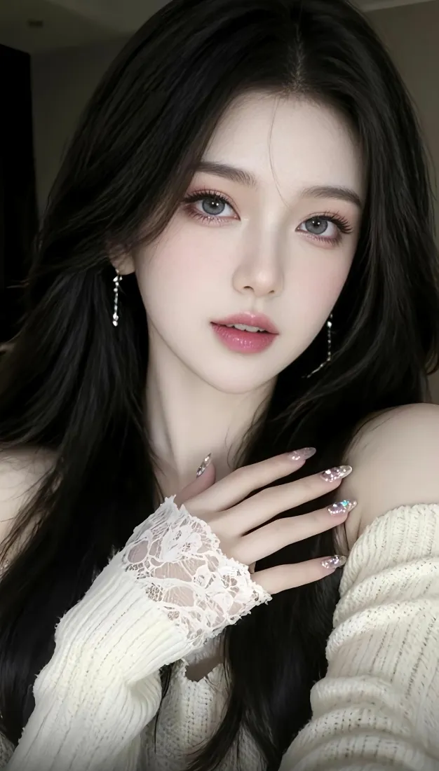 长发美女手机壁纸｜白色毛衣 - 蕾丝手套「哲风壁纸」