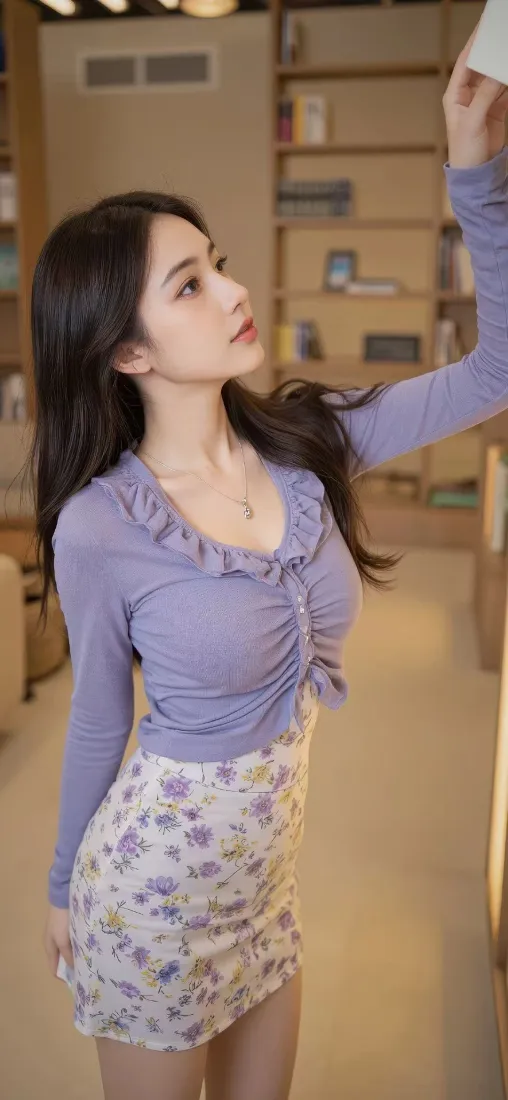 紫衣美女手机壁纸｜室内背景 - 碎花裙「哲风壁纸」