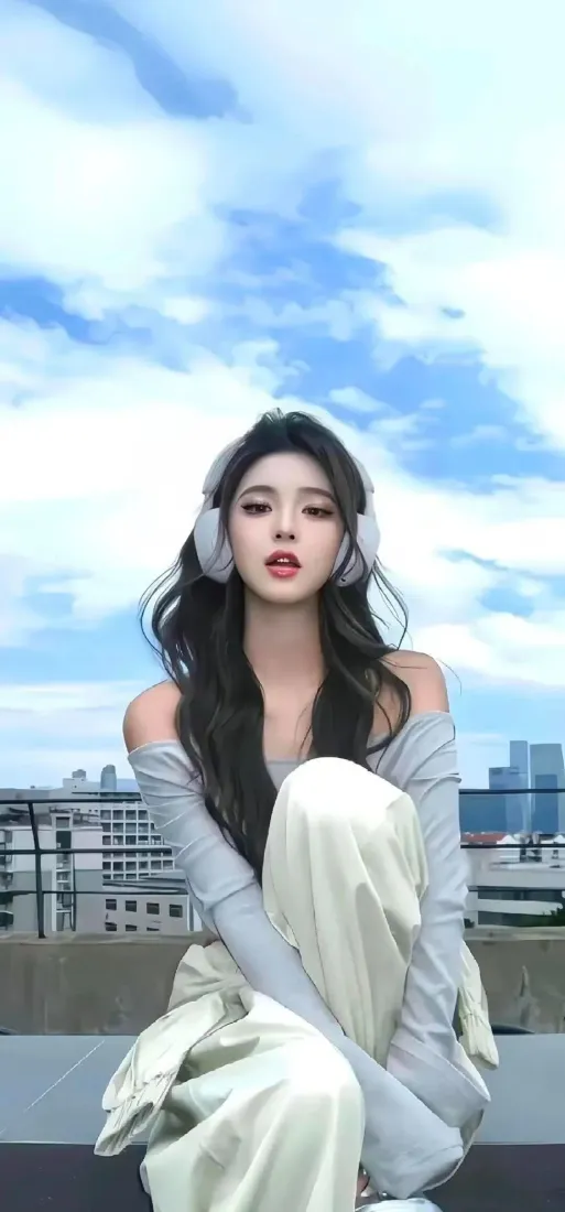 美女手机壁纸｜蓝天城市 - 灰色上衣「哲风壁纸」