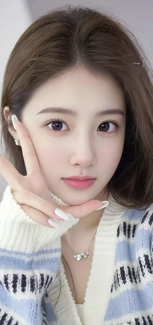 美女手机壁纸｜蓝白毛衣背景 - 比耶美甲「哲风壁纸」