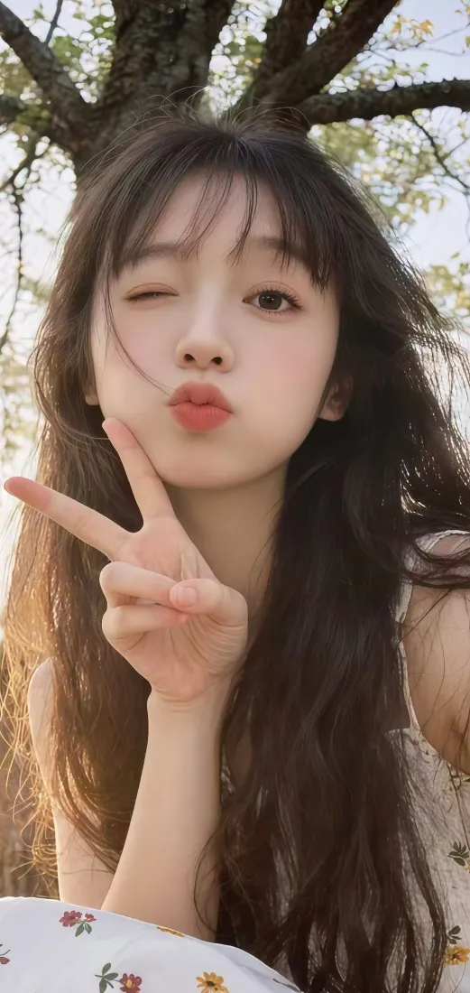 美女手机壁纸｜户外背景图片 - 长发嘟嘴比耶「哲风壁纸」