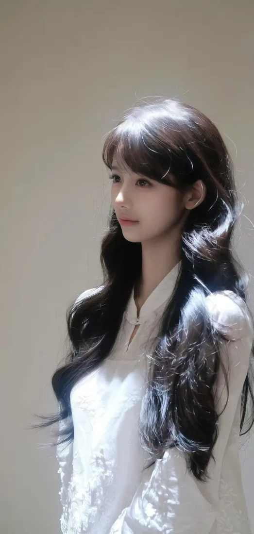 白衣美女手机壁纸｜简约背景 - 长发「哲风壁纸」