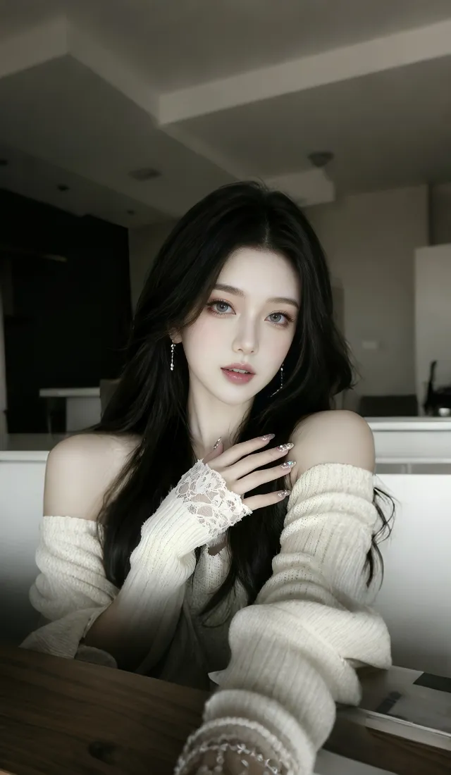 白衣美女手机壁纸｜室内背景图片 - 露肩毛衣「哲风壁纸」