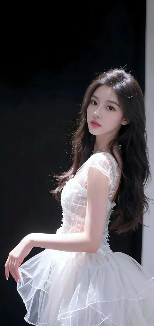 白衣美女手机壁纸｜暗背景 - 白裙长发红唇「哲风壁纸」