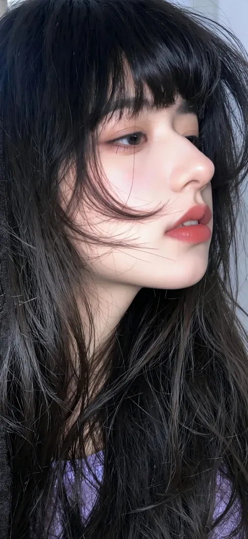 黑发美女手机壁纸｜紫衣背景 - 红唇侧脸「哲风壁纸」