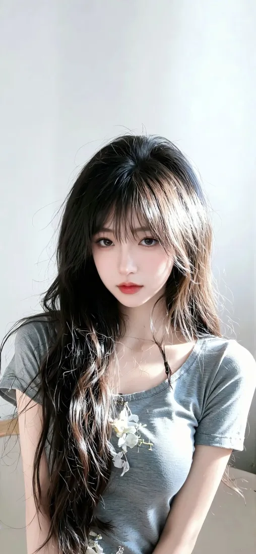 美女手机壁纸｜灰色短袖 - 长发红唇「哲风壁纸」