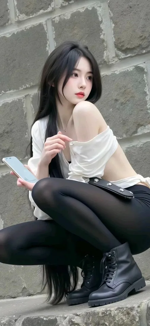 美女手机壁纸｜石墙背景 - Ios黑丝「哲风壁纸」