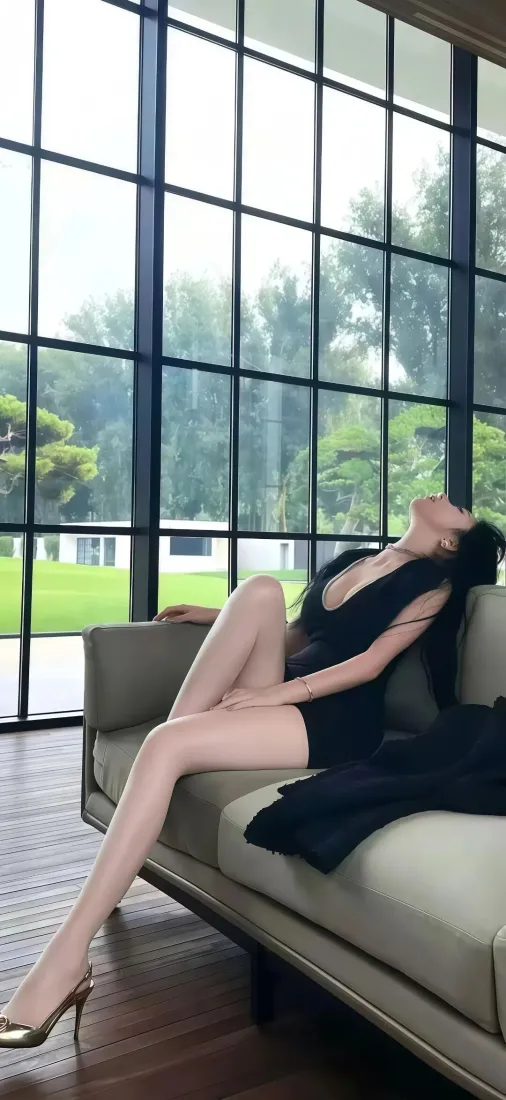 黑衣美女手机壁纸｜落地窗背景 - 高跟鞋「哲风壁纸」