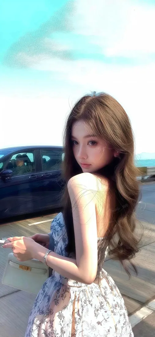 碎花裙美女手机壁纸｜海边背景 - 蓝天汽车「哲风壁纸」