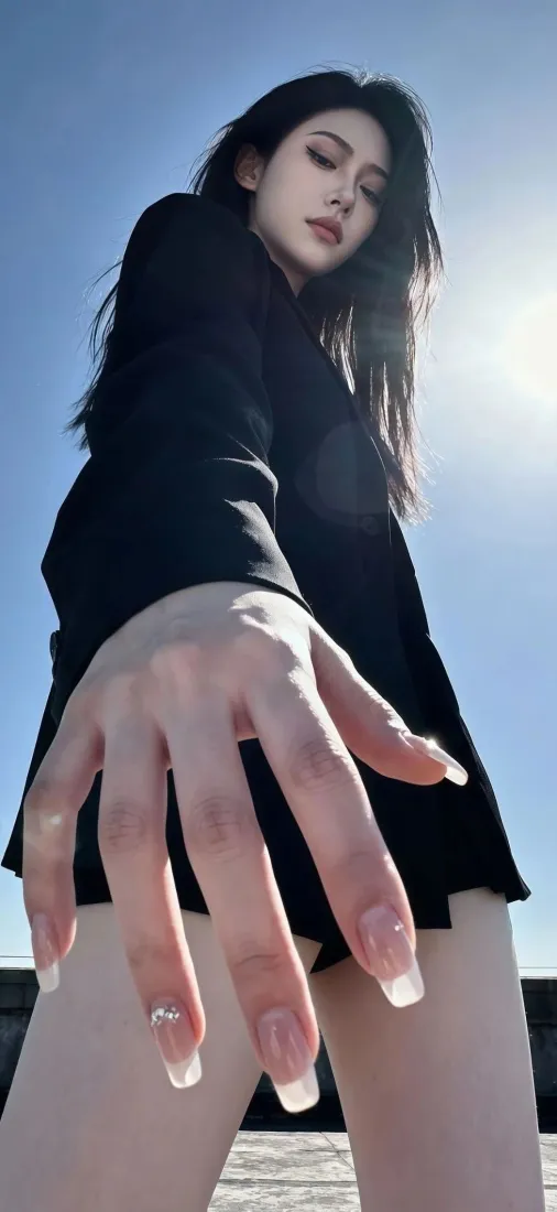 黑衣美女手机壁纸｜蓝天背景图片 - 美甲阳光「哲风壁纸」