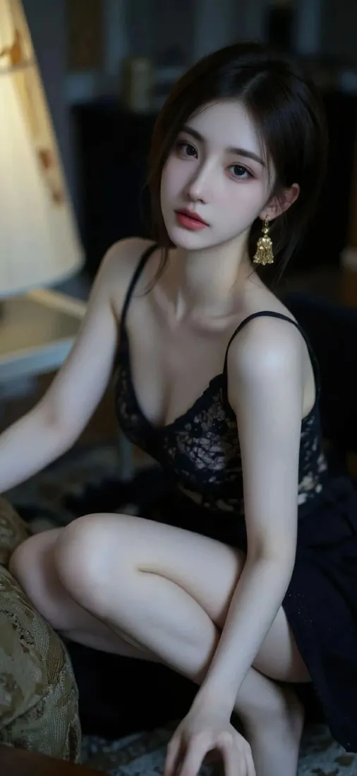 黑衣美女手机壁纸｜室内背景 - 红唇耳环Ios「哲风壁纸」