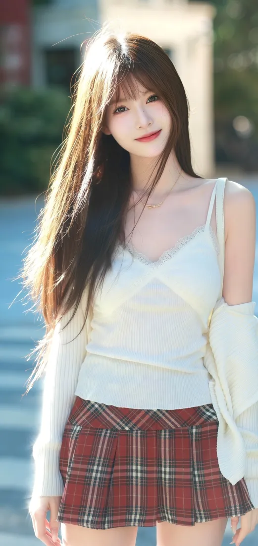 美女手机壁纸｜街道背景图片 - 白上衣格子裙「哲风壁纸」