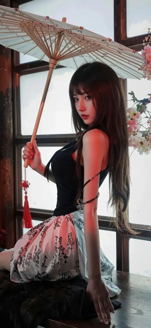 美女手机壁纸｜窗边背景 - 花裙黑衣红流苏伞「哲风壁纸」