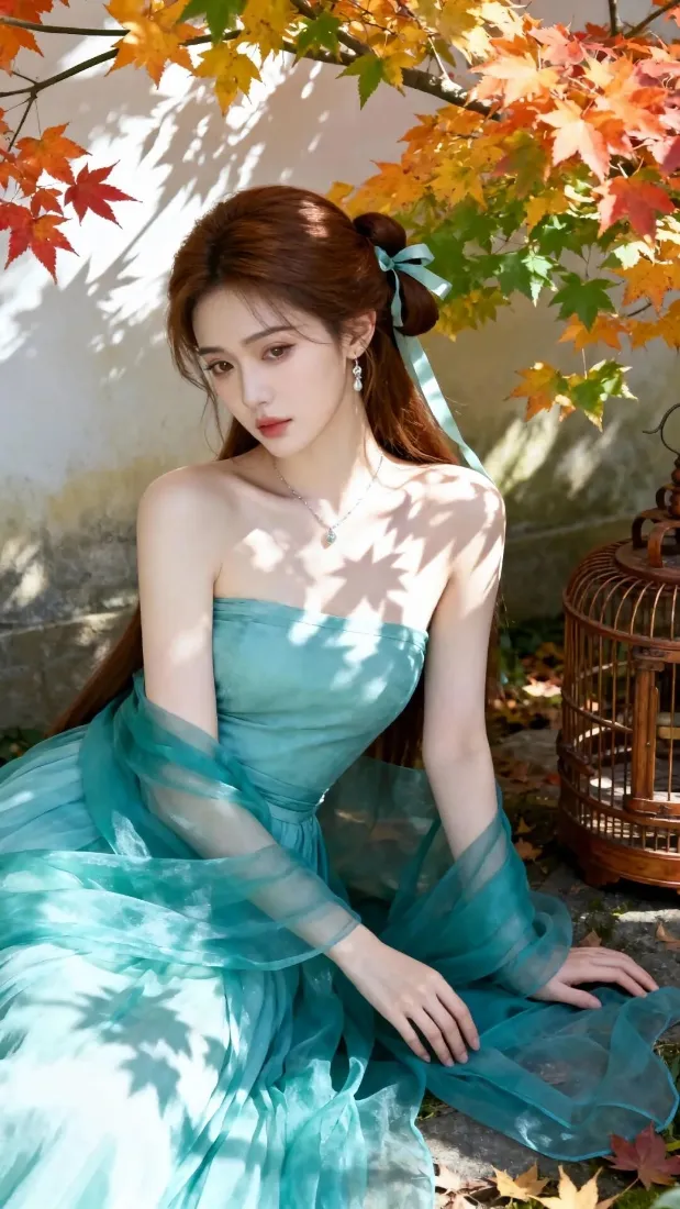 青色长裙美女手机壁纸｜秋叶鸟笼 - 古风「哲风壁纸」