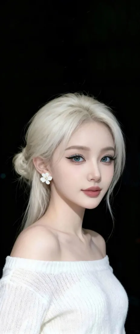 白发美女手机壁纸｜黑背景 - 白色露肩衣「哲风壁纸」