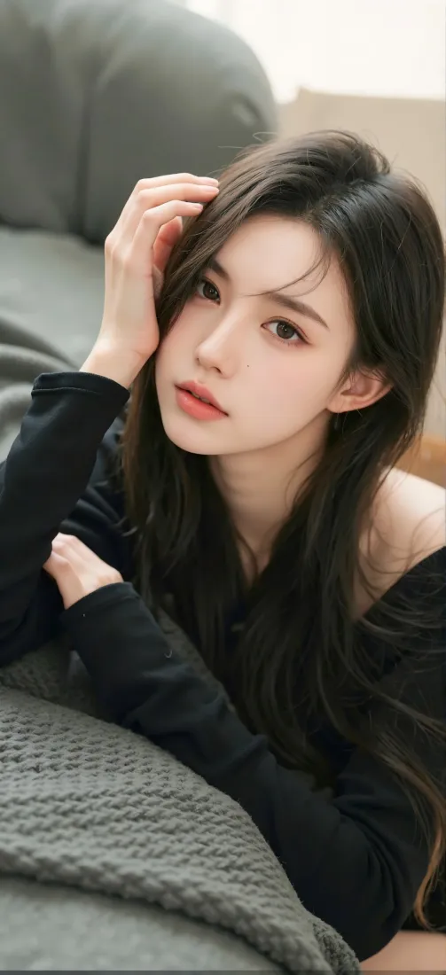 黑衣美女手机壁纸｜居家背景 - 长发温柔「哲风壁纸」