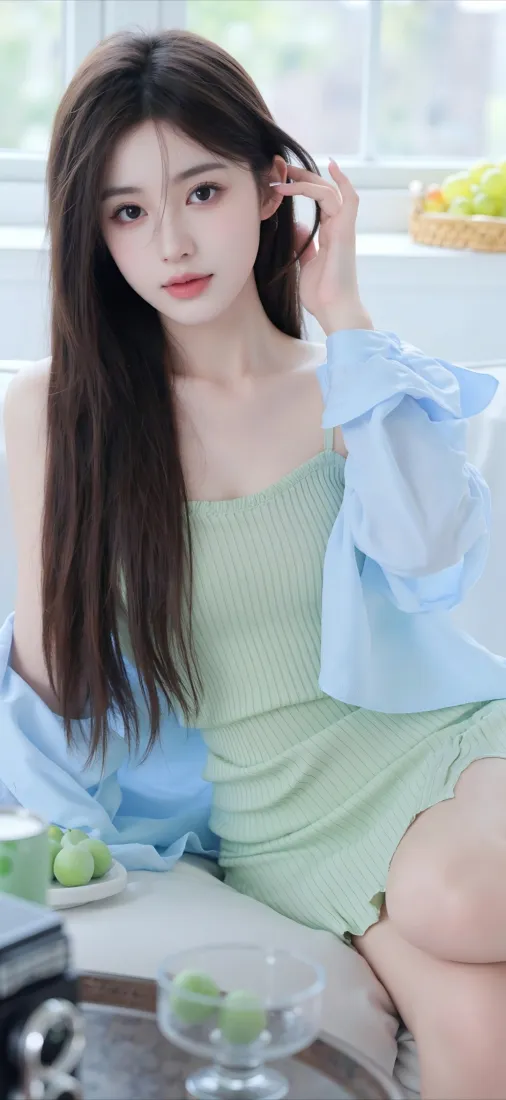 绿裙美女手机壁纸｜室内背景图片 - 清新风格「哲风壁纸」