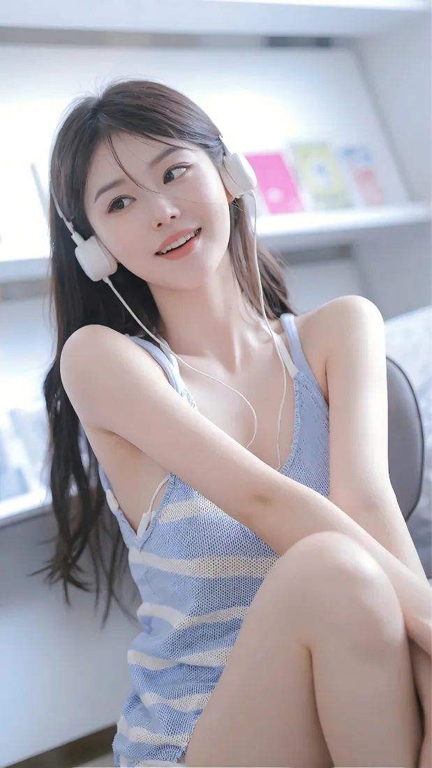 耳机美女手机壁纸｜室内书桌背景 - 蓝白条纹「哲风壁纸」