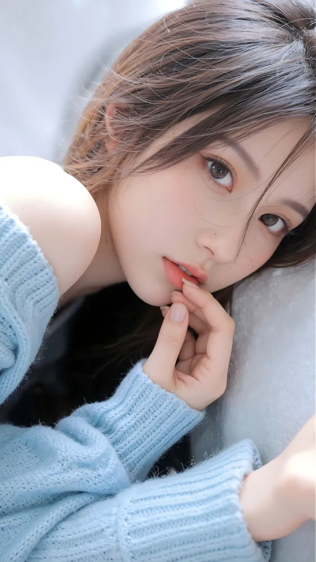 蓝色毛衣美女手机壁纸｜浅蓝背景 - 清新温柔「哲风壁纸」