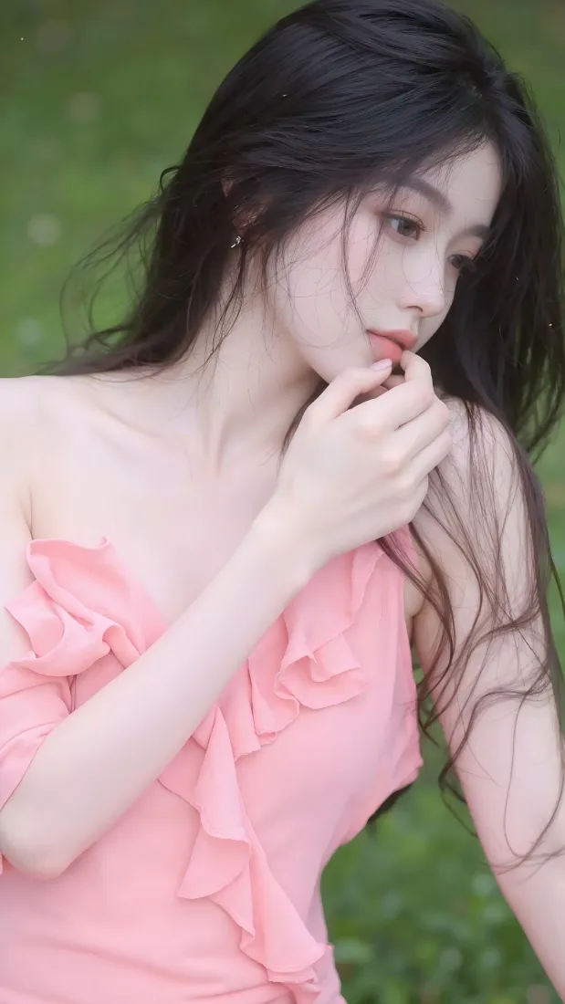 粉色连衣裙美女手机壁纸｜草地背景图片 - 清新「哲风壁纸」