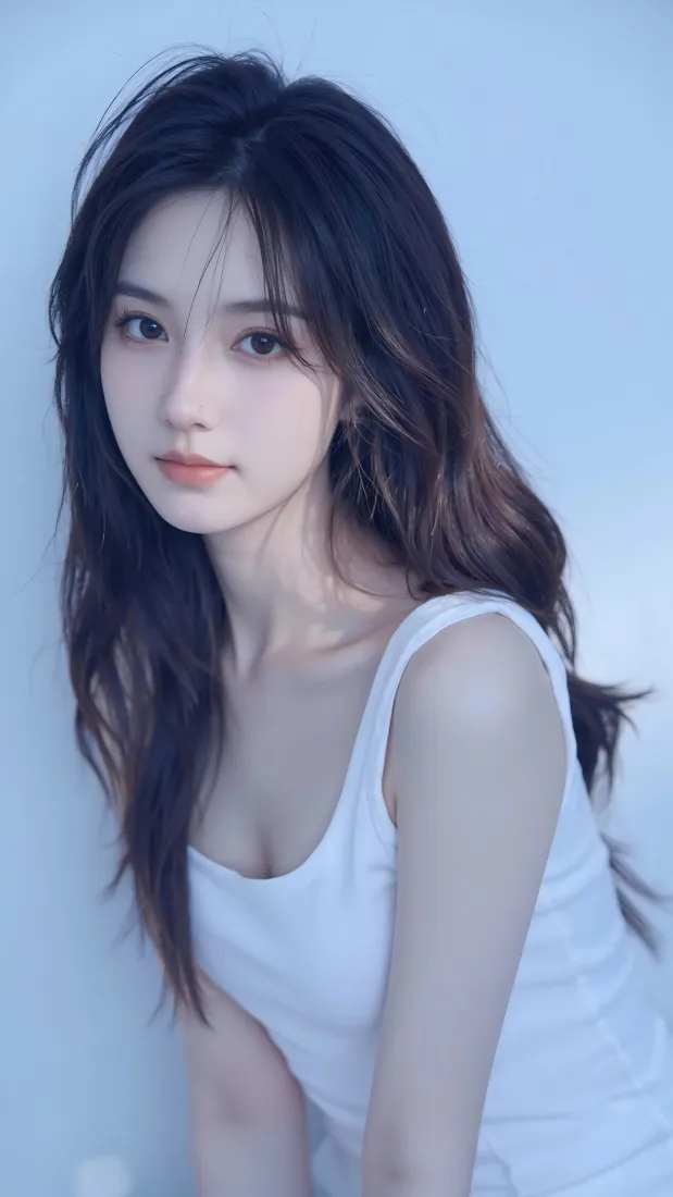 白衣美女手机壁纸｜蓝背景 - 清新气质「哲风壁纸」