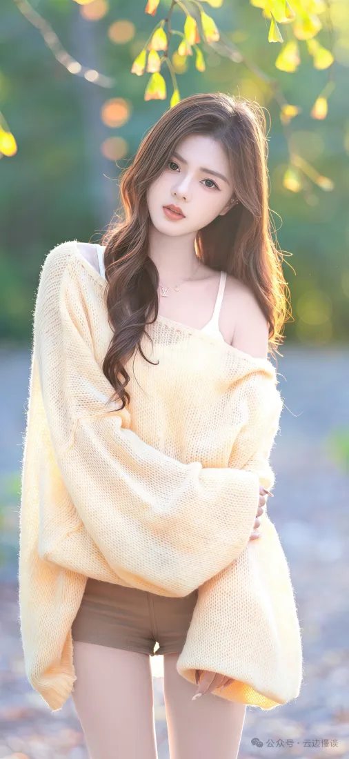 黄色上衣美女手机壁纸｜户外背景 - 短裤丝袜「哲风壁纸」