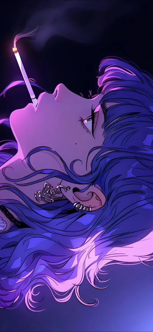 蓝紫发二次元抽烟侧脸手机壁纸｜暗紫 - 金属耳饰「哲风壁纸」