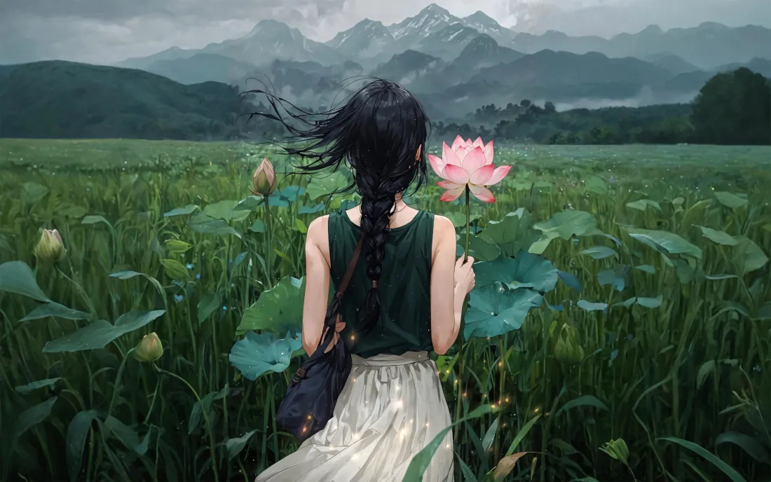 4k女孩背影壁纸｜荷花荷塘背景 - 山脉草地「哲风壁纸」