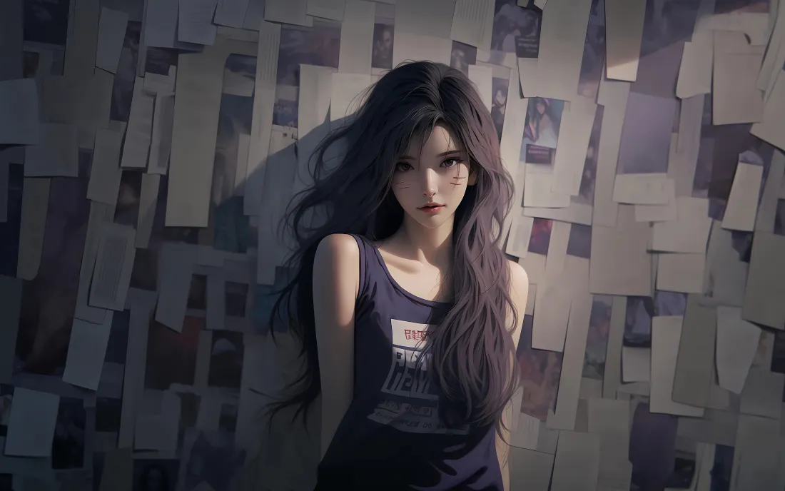 4k长发女孩壁纸｜拼贴墙面 - 深色背心插画「哲风壁纸」
