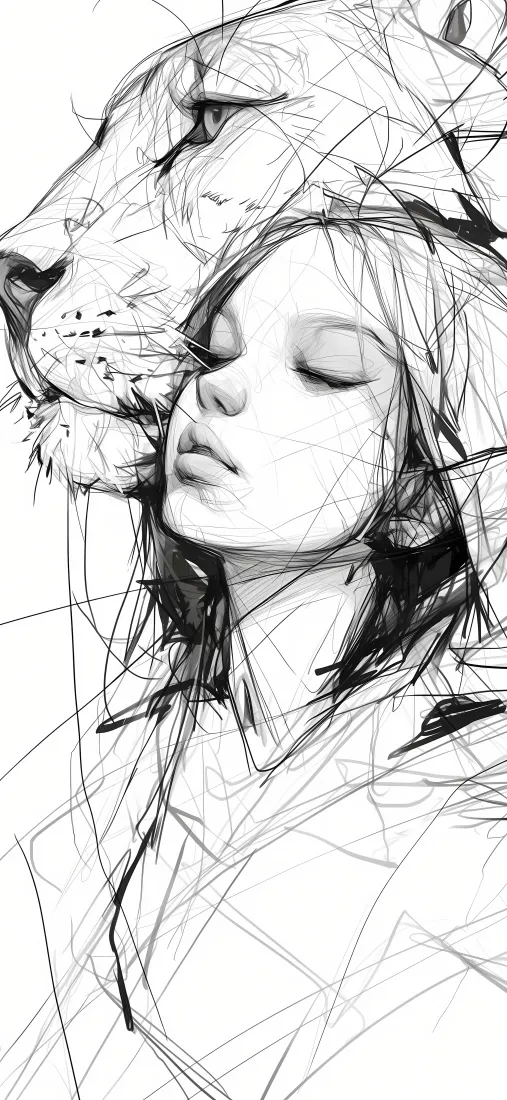 线条女孩豹子手机壁纸｜艺术背景 - 素描「哲风壁纸」
