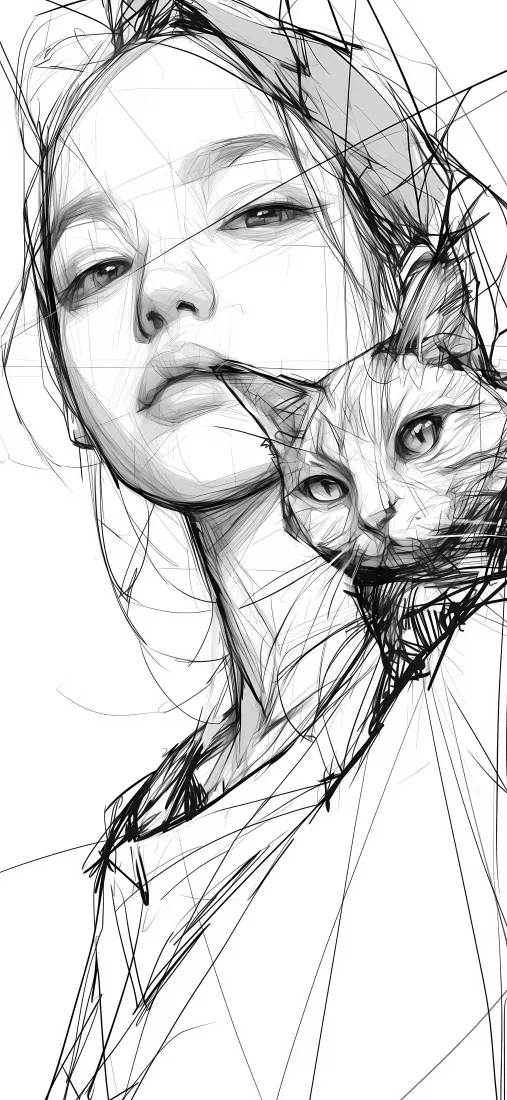 线条画女孩小猫手机壁纸｜黑白背景 - 手绘素描「哲风壁纸」